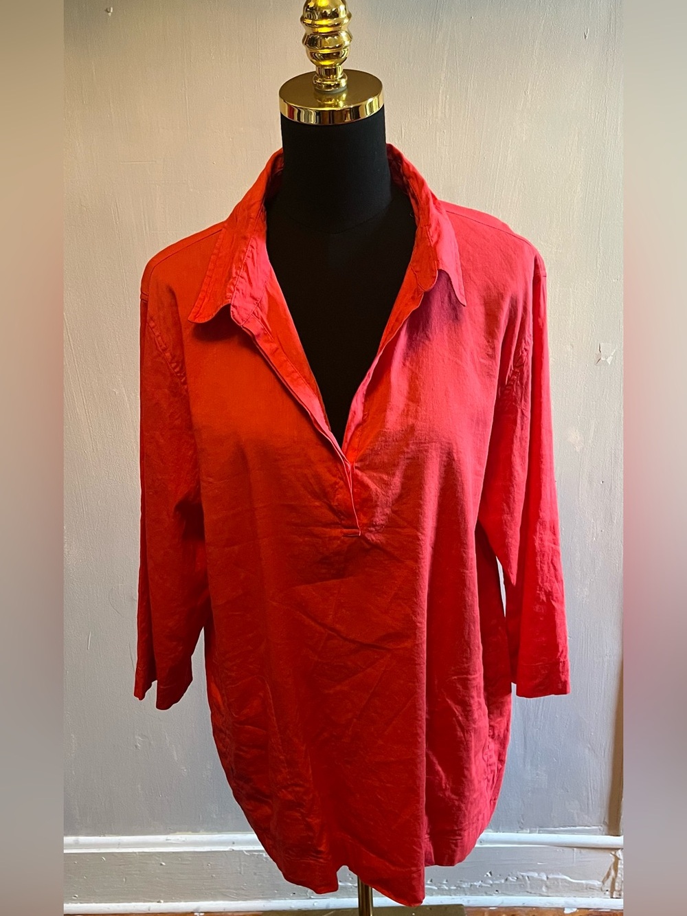 Eileen Fisher Classic Organic Linen Blend  Tunic Collar 3/4 Sleeve V-Neck Size L